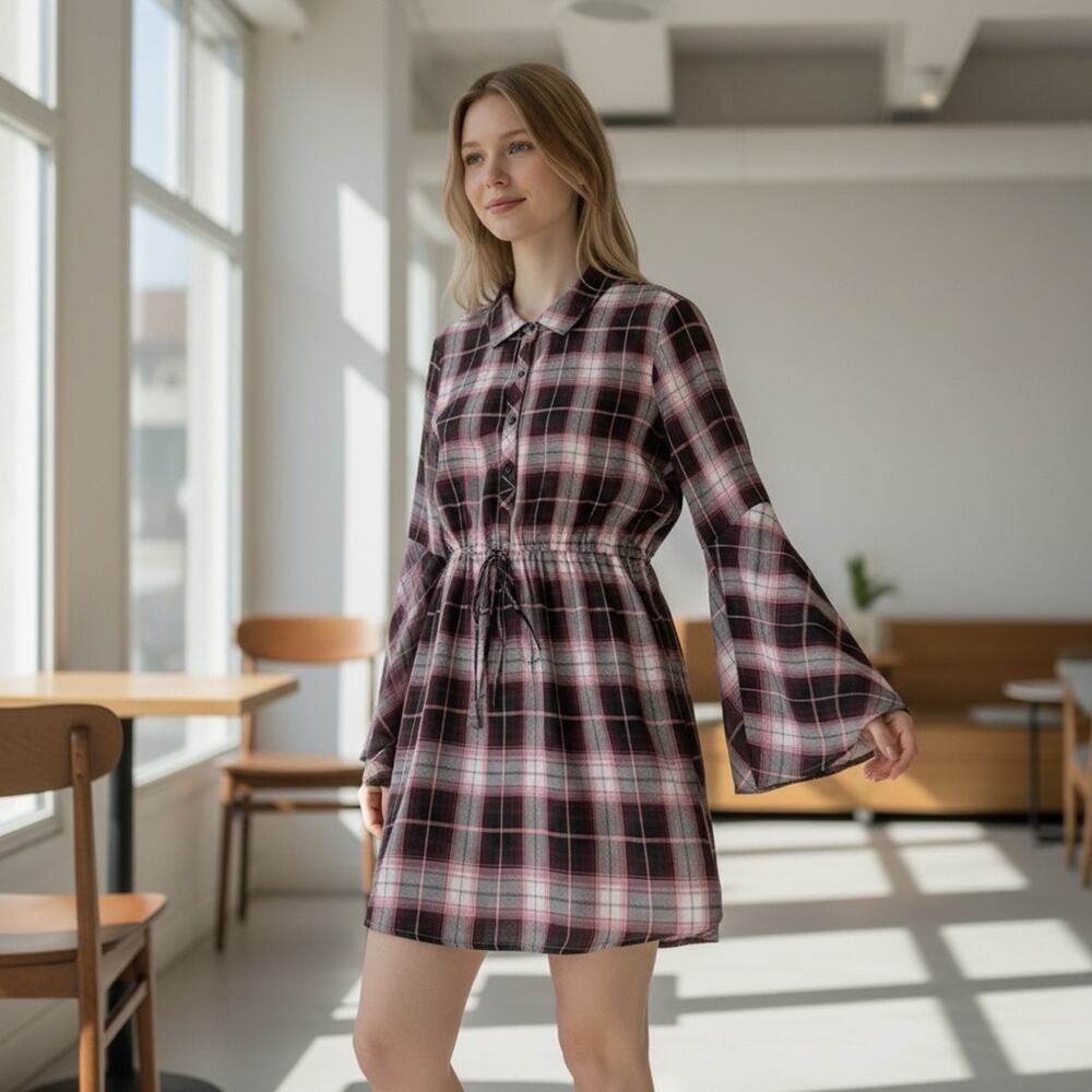 KRAZY KAT Women’s Medium Plaid Front Tie Dress